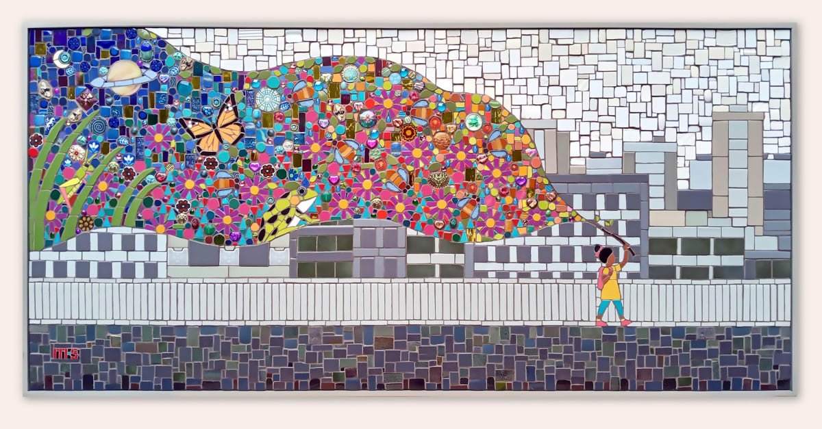 Your Mind is a Magic Wand  Image: A ceramic tile and glass mosaic hoping to uplift younger generations to continue their creative passions in a world of AI overhaul. In this work, a little girl walks through a mundane background while carrying a wand, which floods the space with vibrant colors in a “river of imagination.” The piece is installed at the Northfield Public Library.