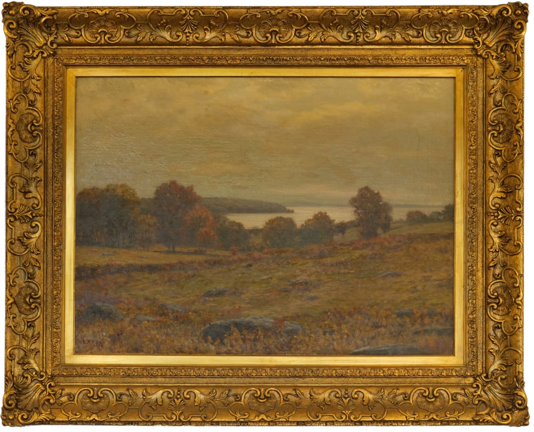 Untitled by Eugene Alonzo Poole  Image: Pastoral landscape with trees and water in background. Adorned antique gilt frame.