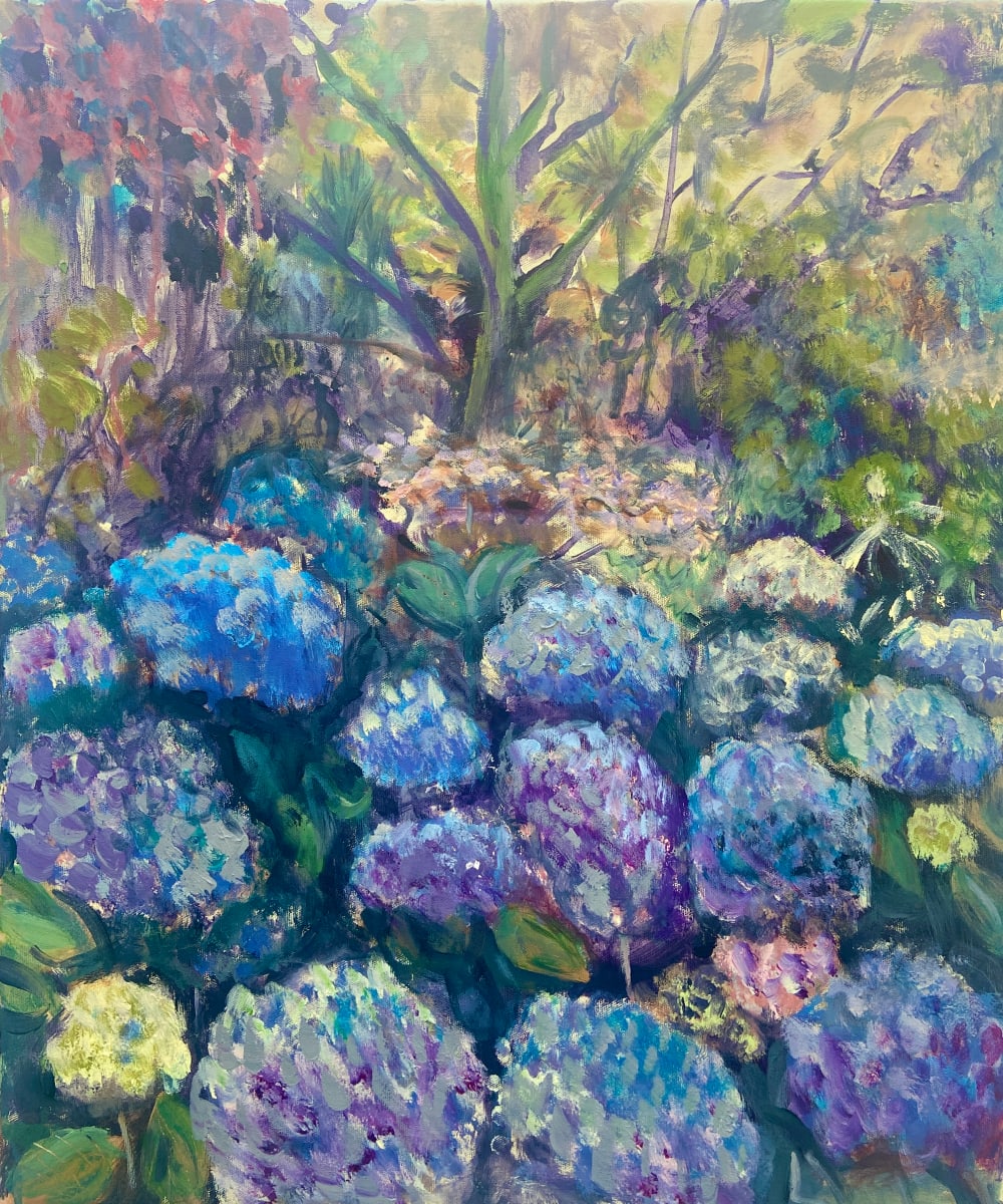 Blue Hydrangeas and Hot Sunshine by Angie Porter 