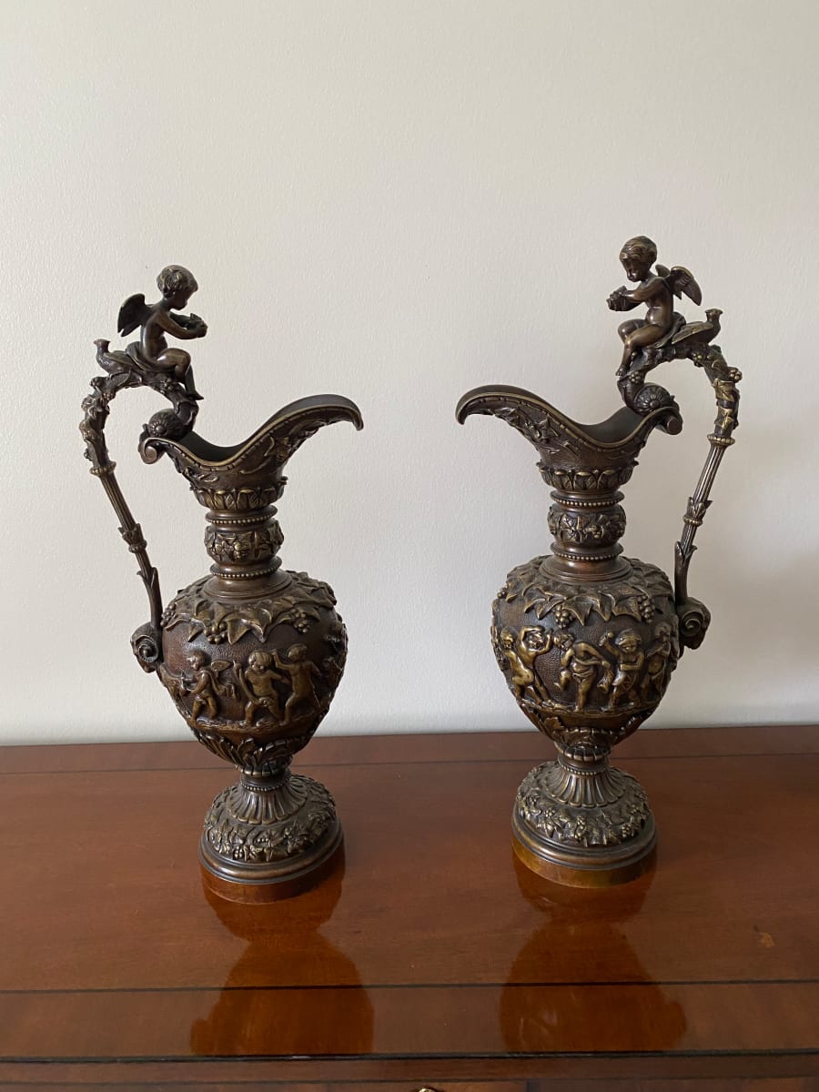 Pair Patinated Bronze Ewers, Image 18.