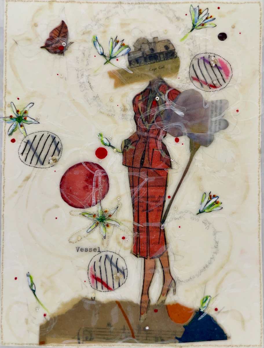 Story Series #148 by Nina Alderete  Image: The handwritten text reads ‘You are someone’s home,’ and the typed text reads ‘Vessel.’
Cold wax is added between layers of paper to create a soft sheen and wrinkled surface. The edges of the painting are hand-sewn and delicate.