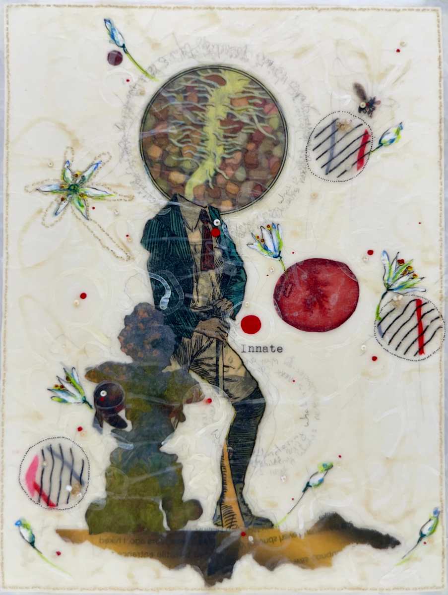 Story Series #149 by Nina Alderete  Image: The handwritten text reads ‘Wondering what is next,’ and the typed text reads ‘Innate.’
Cold wax is added between layers of paper to create a soft sheen and wrinkled surface. The edges of the painting are hand-sewn and delicate.