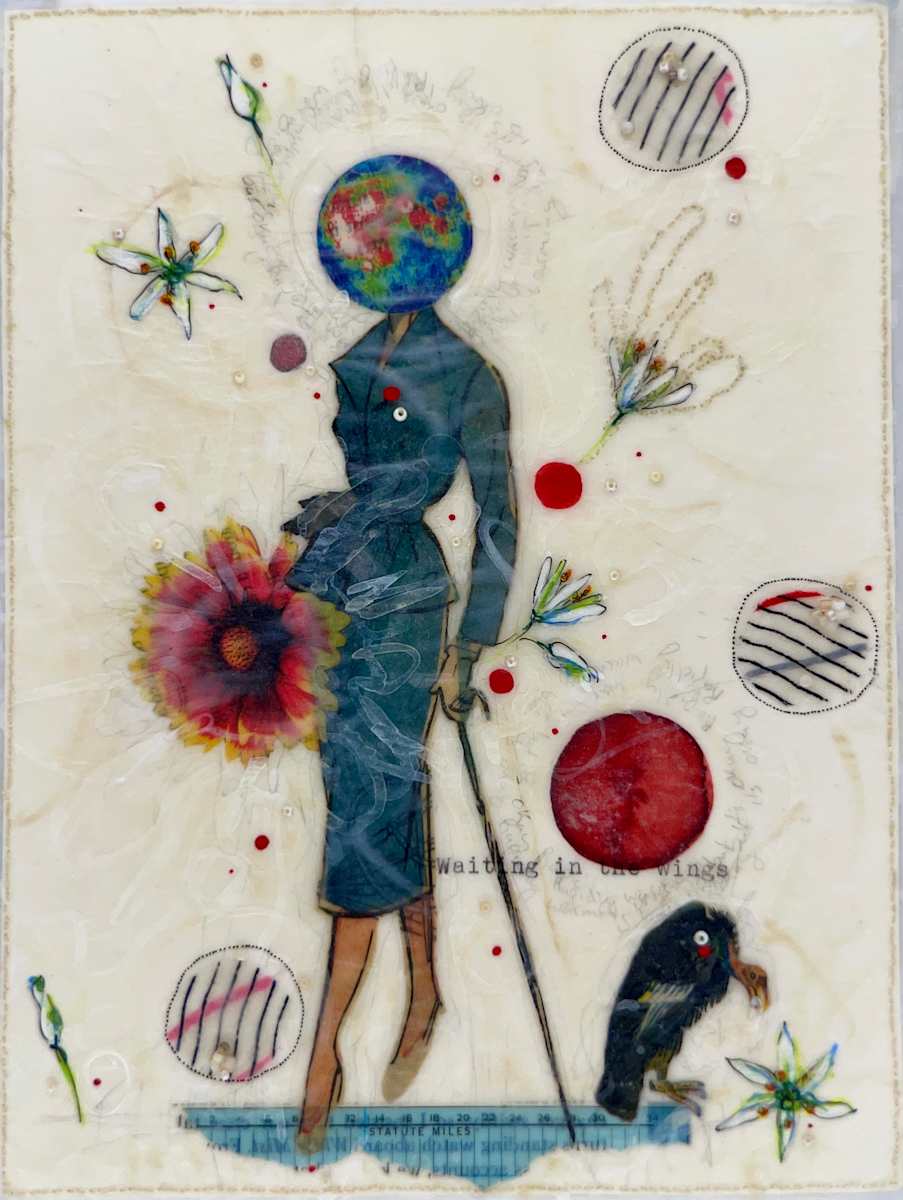 Story Series #150 by Nina Alderete  Image: The handwritten text reads ‘Rapidly warming but it’s okay,’ and the typed text reads ‘Waiting in the wings.’
Cold wax is added between layers of paper to create a soft sheen and wrinkled surface. The edges of the painting are hand-sewn and delicate.