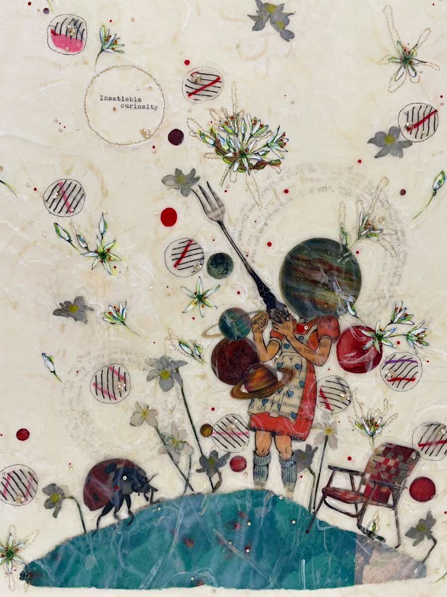 Narrative Series #32 by Nina Alderete  Image: The handwritten text reads ‘once before it was tainted and faded there you stood,’ and the typed text reads ‘Insatiable curiosity.’
Cold wax is added between layers of paper to create a soft sheen and wrinkled surface. The edges of the painting are hand-sewn and delicate.