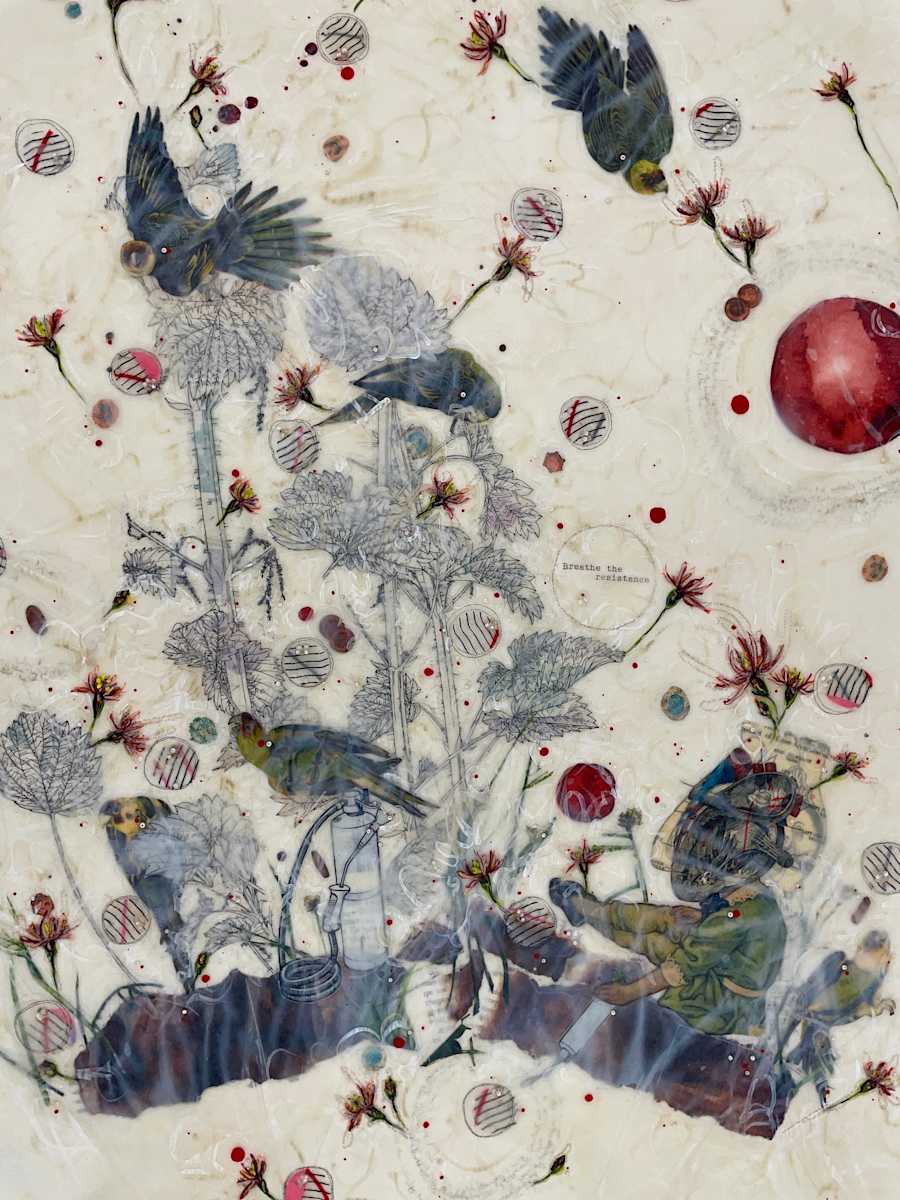 Chronicle Series #12 by Nina Alderete  Image: The handwritten text reads, ‘When the weeds have blocked out the light,’ and the typed text reads, ‘Breathe the resistance.’
Cold wax is added between layers of paper to create a soft sheen and wrinkled surface. The edges of the painting are hand-sewn and delicate.