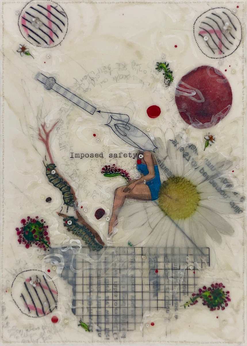 Tale Series #227 by Nina Alderete  Image: The handwritten text reads ‘When people only see the shell,’ and the typed text reads ‘Imposed safety.’ Cold wax is added between layers of paper to create a soft sheen and a wrinkled surface. The edges of the painting are hand-sewn and delicate.