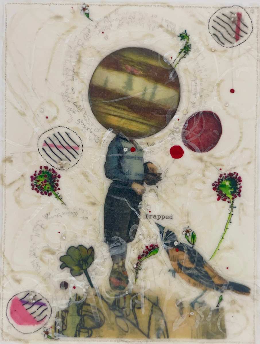 Story Series #160 by Nina Alderete  Image: The handwritten text reads ‘What an odd habit of absorbing it all,’ and the typed text reads ‘Trapped.’ Cold wax is added between layers of paper to create a soft sheen and a wrinkled surface. The edges of the painting are hand-sewn and delicate.