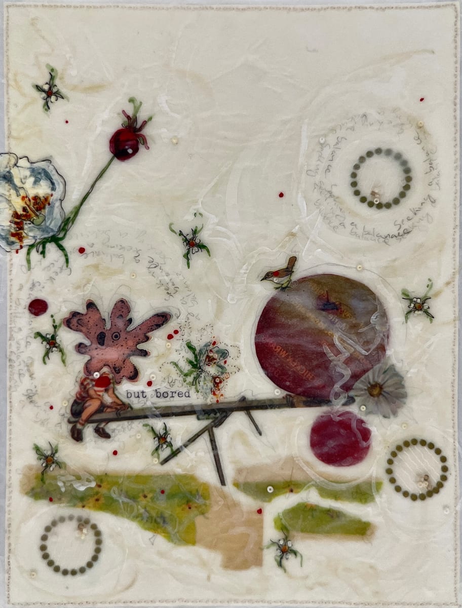 Story Series #108 by Nina Alderete  Image: Handwritten text: Seeking a balance 
Typed text: but bored 