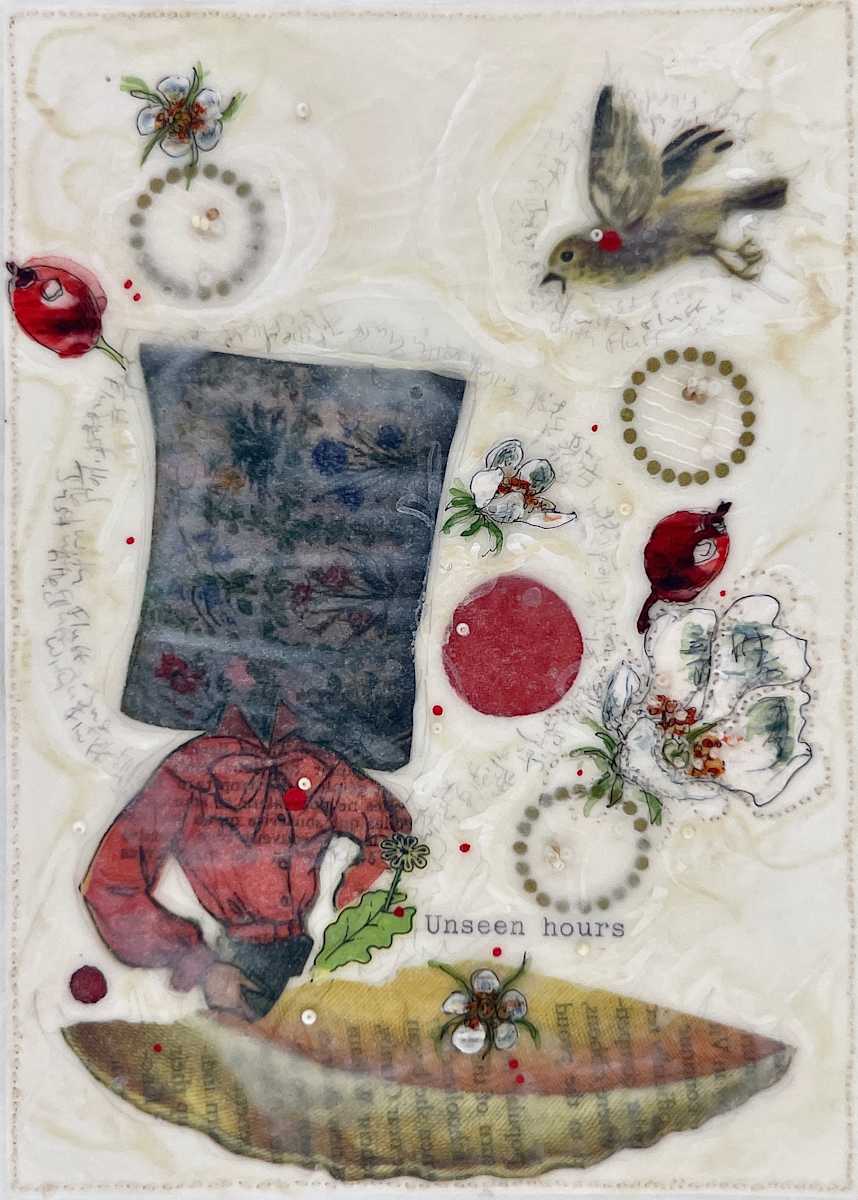 Tale Series #175 by Nina Alderete  Image: Handwritten text: Just filled with fluff 
Typed text: Unseen hours 