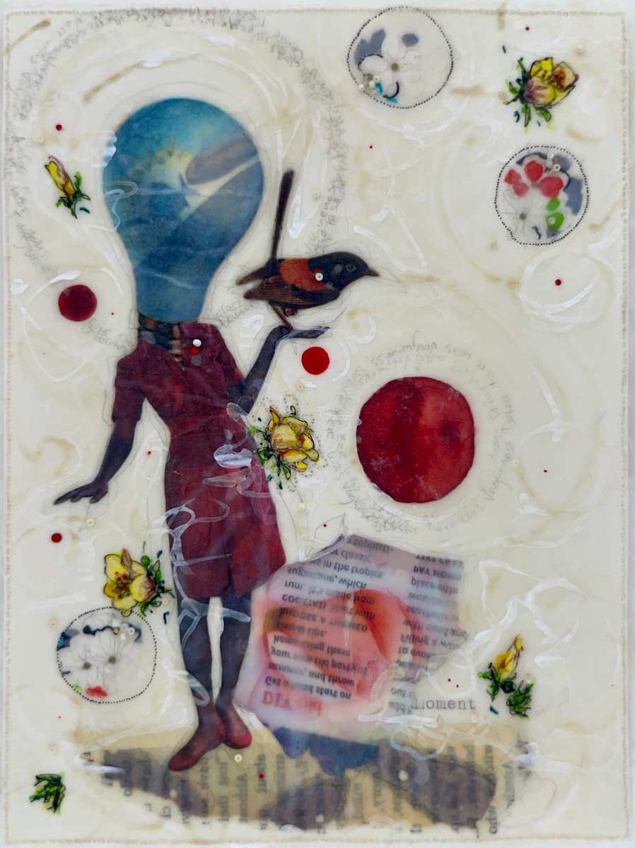 Story Series #134 by Nina Alderete  Image: The handwritten text reads ‘Before there was vagueness,’ and the typed text reads ‘Moment.’
Cold wax is added between layers of paper to create a soft sheen and a wrinkled surface. The edges of the painting are hand-sewn and delicate.