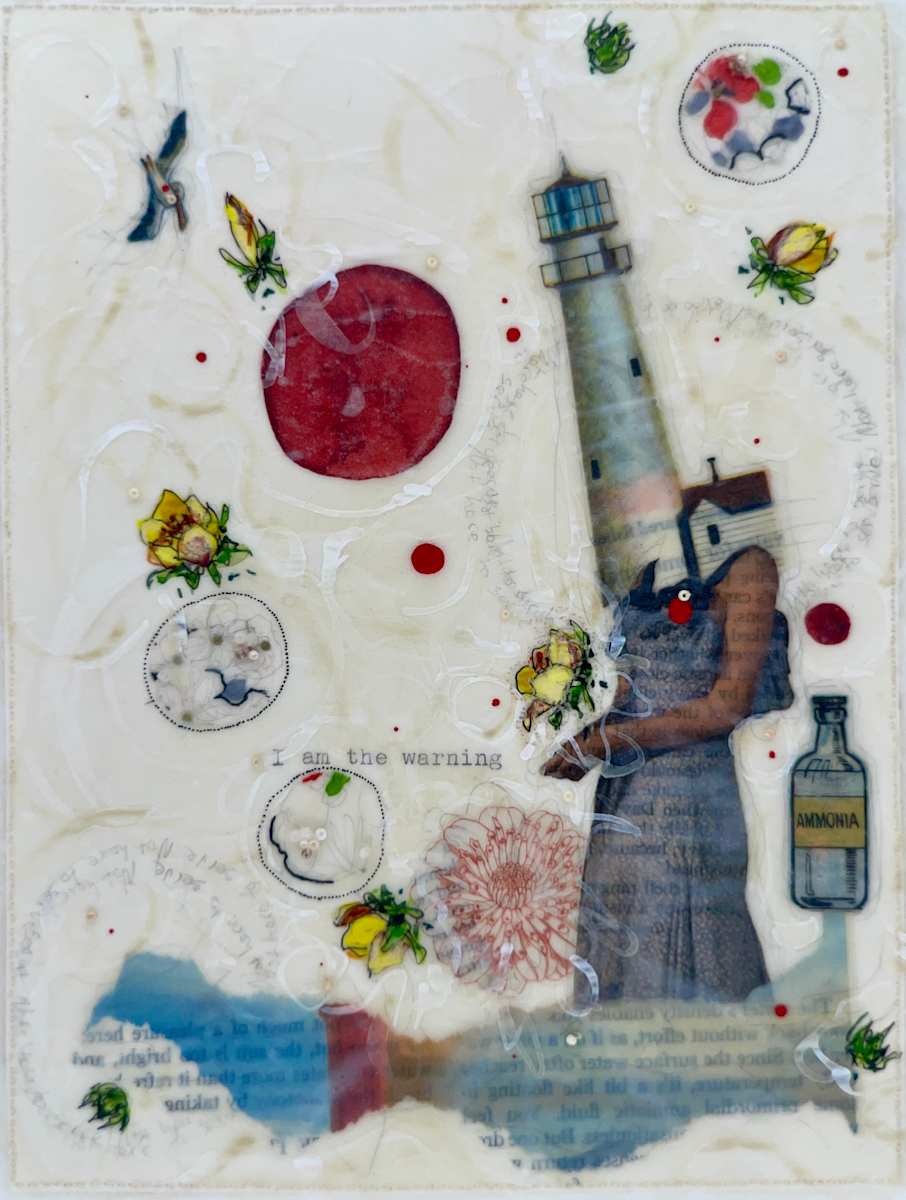 Story Series #135 by Nina Alderete  Image: The handwritten text reads ‘Not here to serve,’ and the typed text reads ‘I am the warning.’
Cold wax is added between layers of paper to create a soft sheen and a wrinkled surface. The edges of the painting are hand-sewn and delicate.