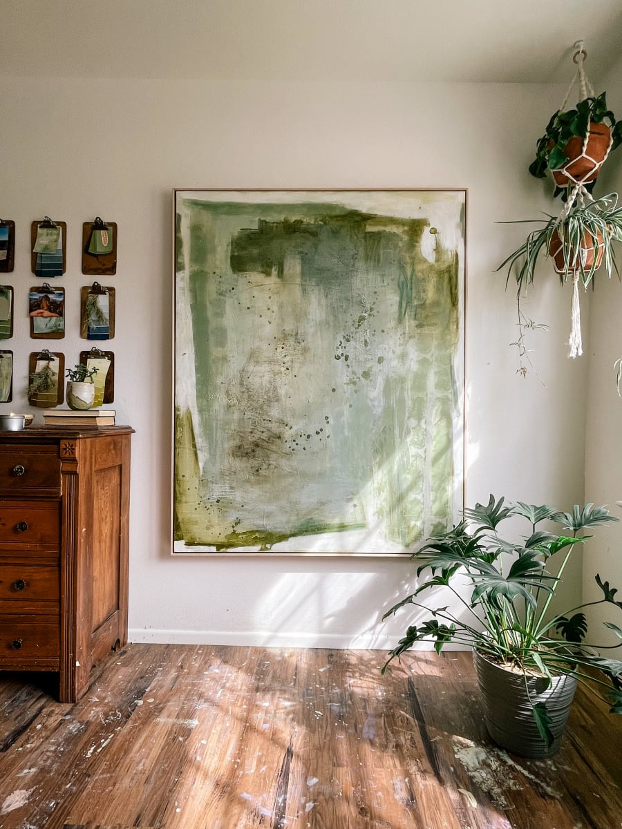 Firmly Planted by Kristen Abbott  Image: green and earth tones mixed media on canvas framed in maple float frame 