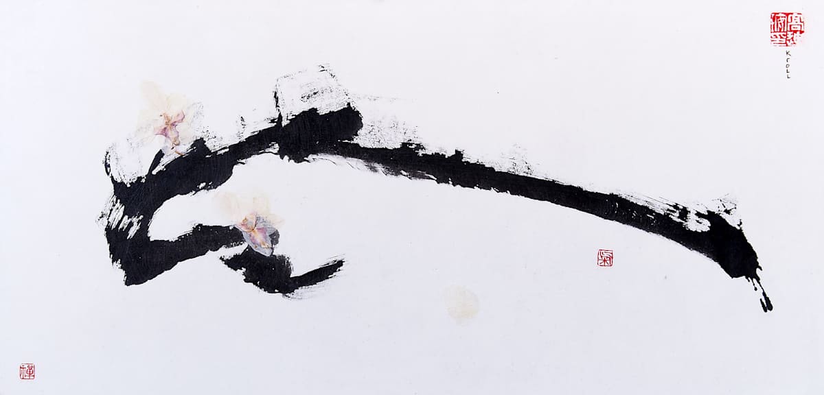 Blooming  Elegance by Deanne Kroll  Image: Received  Legacy Award in Sumi-e Society of America 60th juried show in Washington DC Chops: Zen, Chi. Real Dried Orchid Flowers