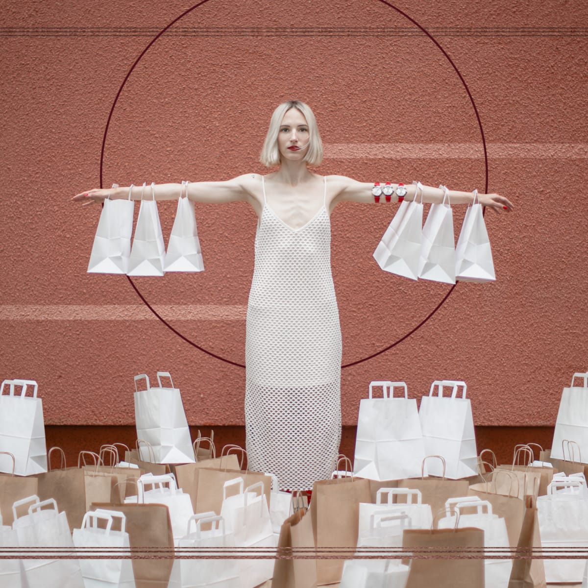 Shopping by Dasha Pears  Image: We go on a website with an honest intention: to buy a jacket. The next day, an assortment of paper bags and cardboard boxes shows up at our doorstep. And then, in our houses filled with chunks of cardboard and bubble wraps we ask ourselves - did we really need all that stuff? We can almost feel the weight of the clutter pulling us down. We walk our feet off in malls, and we are left drained, while a walk in the forest would have revitalized us. Another day has gone by, and all we are left with is more things and less time. The hands of the clock never stop moving.