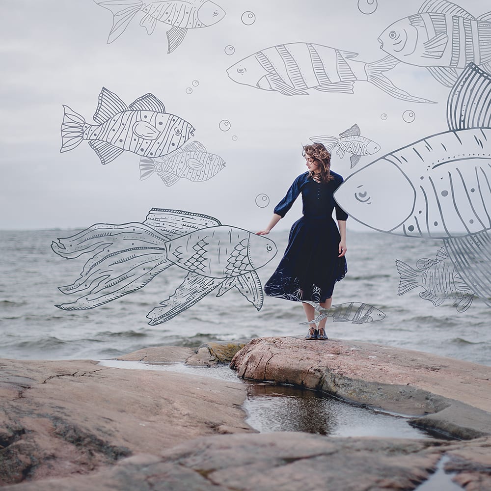 Swim With The Fish by Dasha Pears  Image: The project is inspired by the idea of dæmons, introduced in Philipp Pullman's trilogy His Dark Materials. Dæmons are the external physical manifestation of a person's 'inner-self' that takes the form of an animal. In Pulmann’s book, during adolescence a person's dæmon undergoes "settling", an event in which that person's dæmon permanently and involuntarily assumes the form of the animal which the person most resembles in character. In plain words, a dæmon is a part of you, your soul, which follows you everywhere in a physical form of an animal and other people can see it and immediately recognize what kind of a person you really are and what personality traits you have.

 

The project is a collaboration with two illustrators, who draw “imaginary” dæmons for my “real life” characters. The works included in the project attempt to show the half real, half-imaginary world, where the main character, though split in two is always interacting with it’s “inner-self”, establishing the connection and attempting to be in harmony with it as if they were one.
