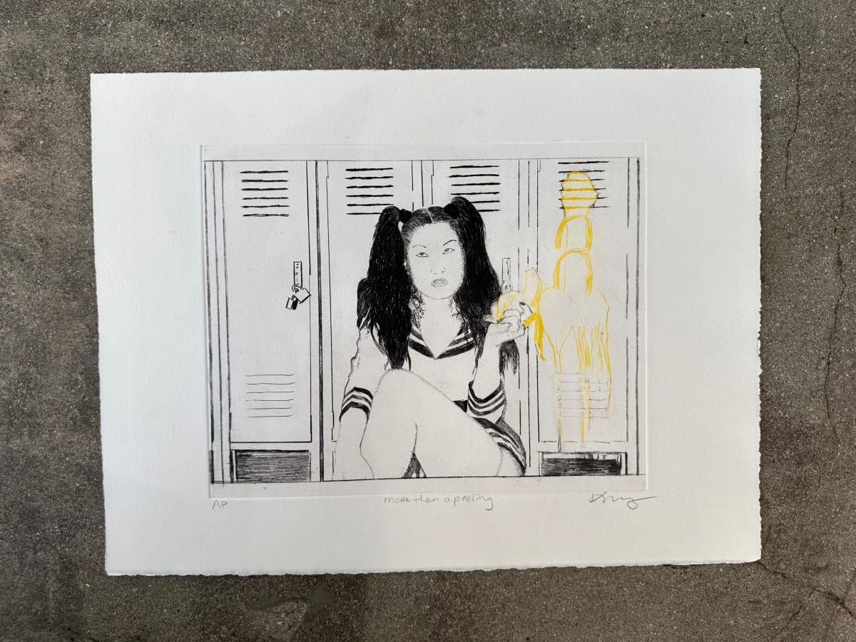 More than a peeling by kayla tange  Image: Black and yellow ink intaglio print. Etching based on a photo taken by Luka Fisher