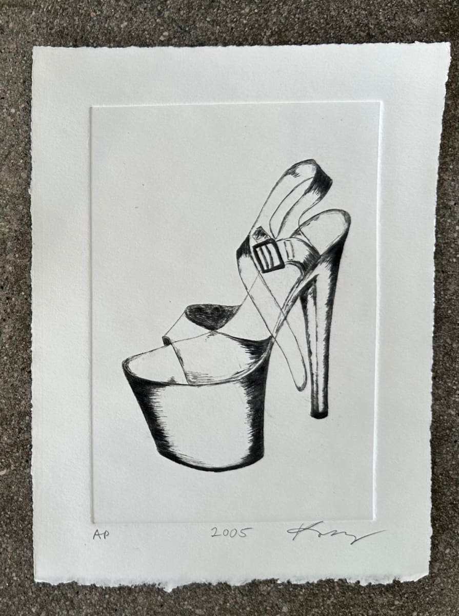 2005 - AP by kayla tange  Image: Black ink intaglio print. I did various forms of sex work from 2005-2022. I learned lot about myself, developed boundaries and worked through oceans of grief. I’ve kept almost every pair of shoes I’ve danced in over the years and have begun to document them through photographs, paintings, and these drypoint prints. Each title is the year I worked in the shoes.