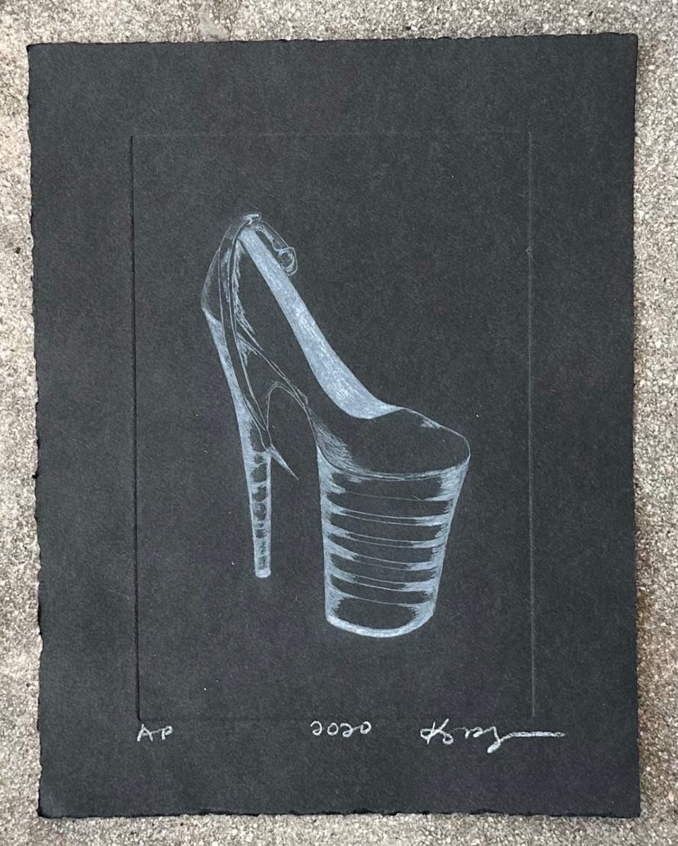 2020 / White ink black paper / AP by kayla tange  Image: White ink on black paper intaglio print. I did various forms of sex work from 2005-2022. I learned lot about myself, developed boundaries and worked through oceans of grief. I’ve kept almost every pair of shoes I’ve danced in over the years and have begun to document them through photographs, paintings, and these drypoint prints. Each title is the year I worked in the shoes.