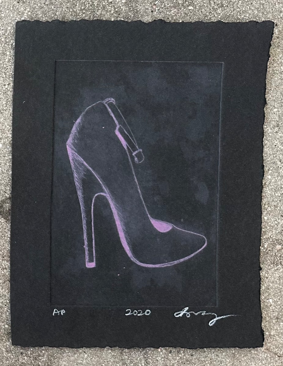 2015 AP pink ink on black paper by kayla tange  Image: Pink ink on black paper intaglio print. I did various forms of sex work from 2005-2022. I learned lot about myself, developed boundaries and worked through oceans of grief. I’ve kept almost every pair of shoes I’ve danced in over the years and have begun to document them through photographs, paintings, and these drypoint prints. Each title is the year I worked in the shoes.
