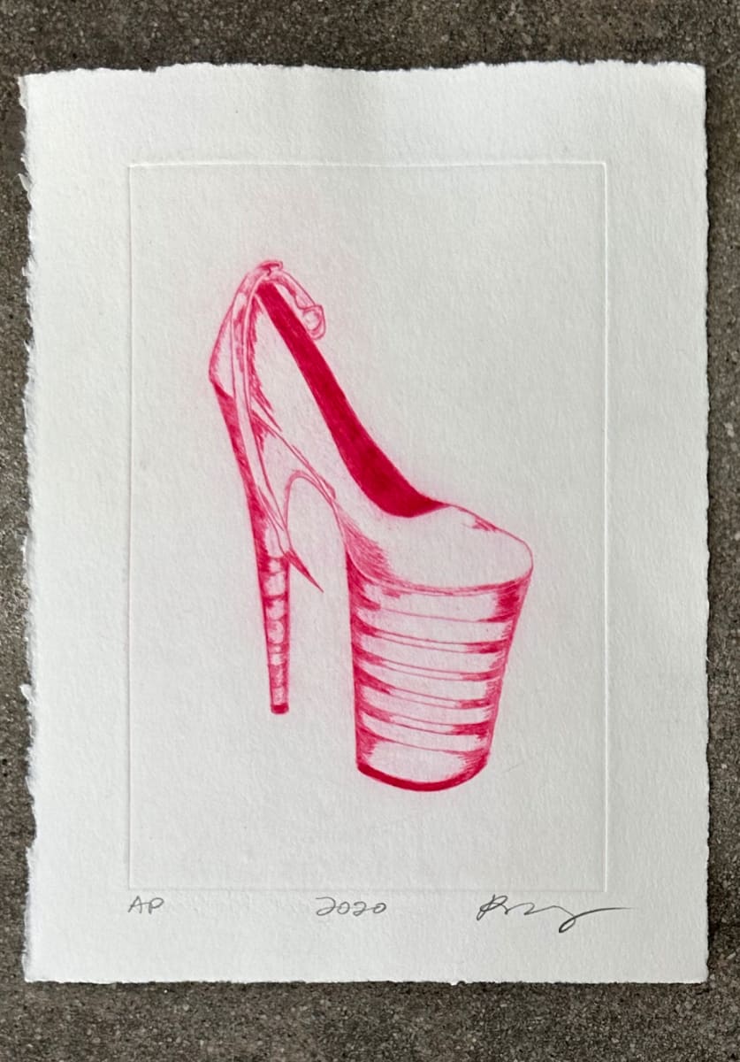 2020 Pink AP by kayla tange  Image: Magenta ink intaglio print. I did various forms of sex work from 2005-2022. I learned lot about myself, developed boundaries and worked through oceans of grief. I’ve kept almost every pair of shoes I’ve danced in over the years and have begun to document them through photographs, paintings, and these drypoint prints. Each title is the year I worked in the shoes.