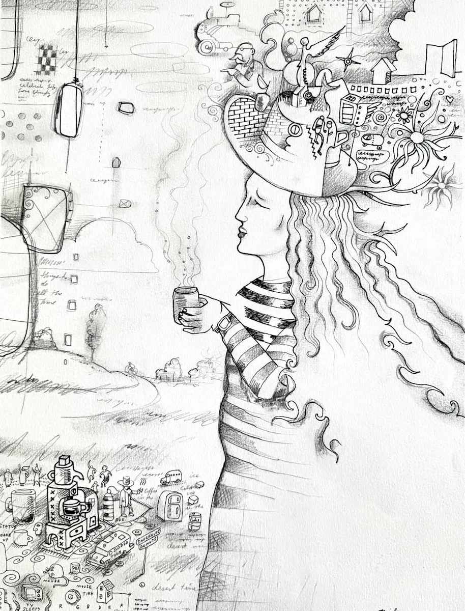 Lady Drinking Coffee Sketch by John Milan 