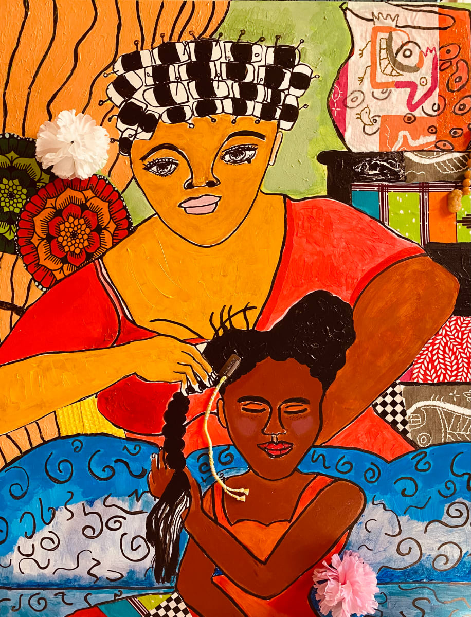 Mama Braiding by Kym Cooper by Kym Debra Cooper  Image: Acrylic and found materials, mixed media using acrylic paint, colored yarn, a comb and artificial flower.