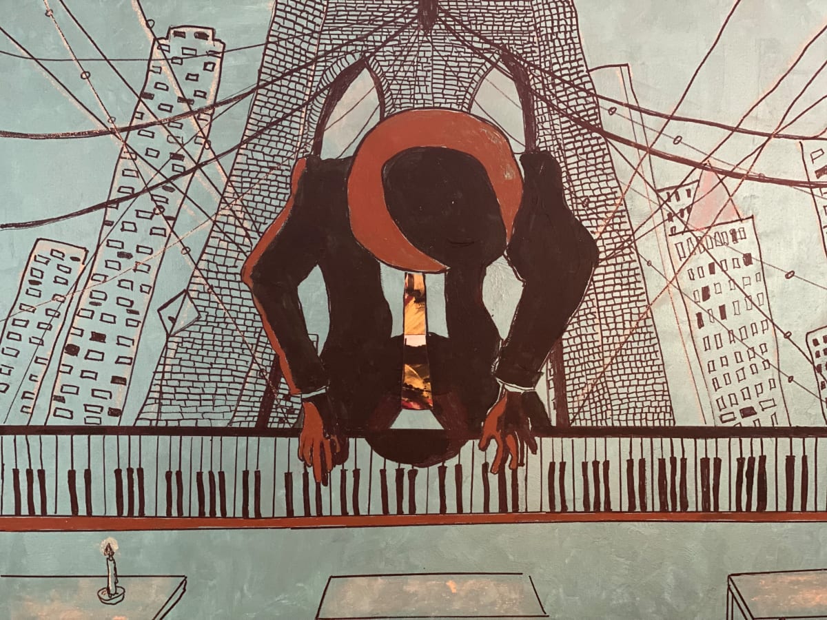 Man Playing Piano on Brooklyn Bridge by Kym Cooper by Kym Debra Cooper 