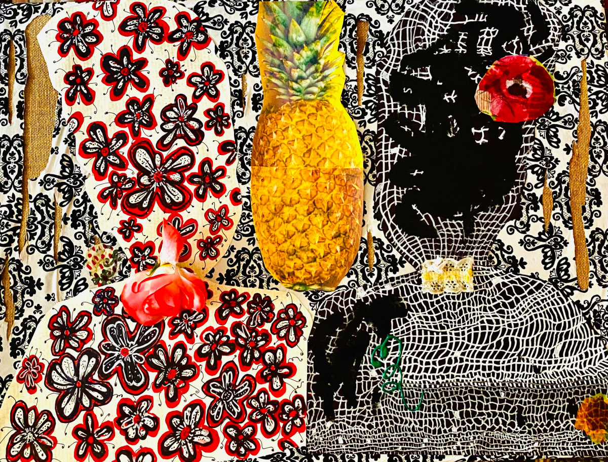 Plantation with a twist of pineapple by Kym Cooper by Kym Debra Cooper  Image: Tissue Paper, Glue, Marker and found materials on burlap canvas, 2023,  18 L x 24 W