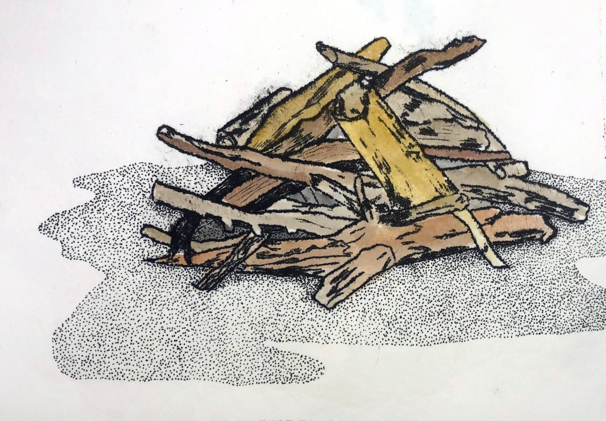 Wood Pile Series by Ianthe Jackson  Image: Wood Pile Stipple is a drypoint print with watercolor making it a unique one of a kind!
