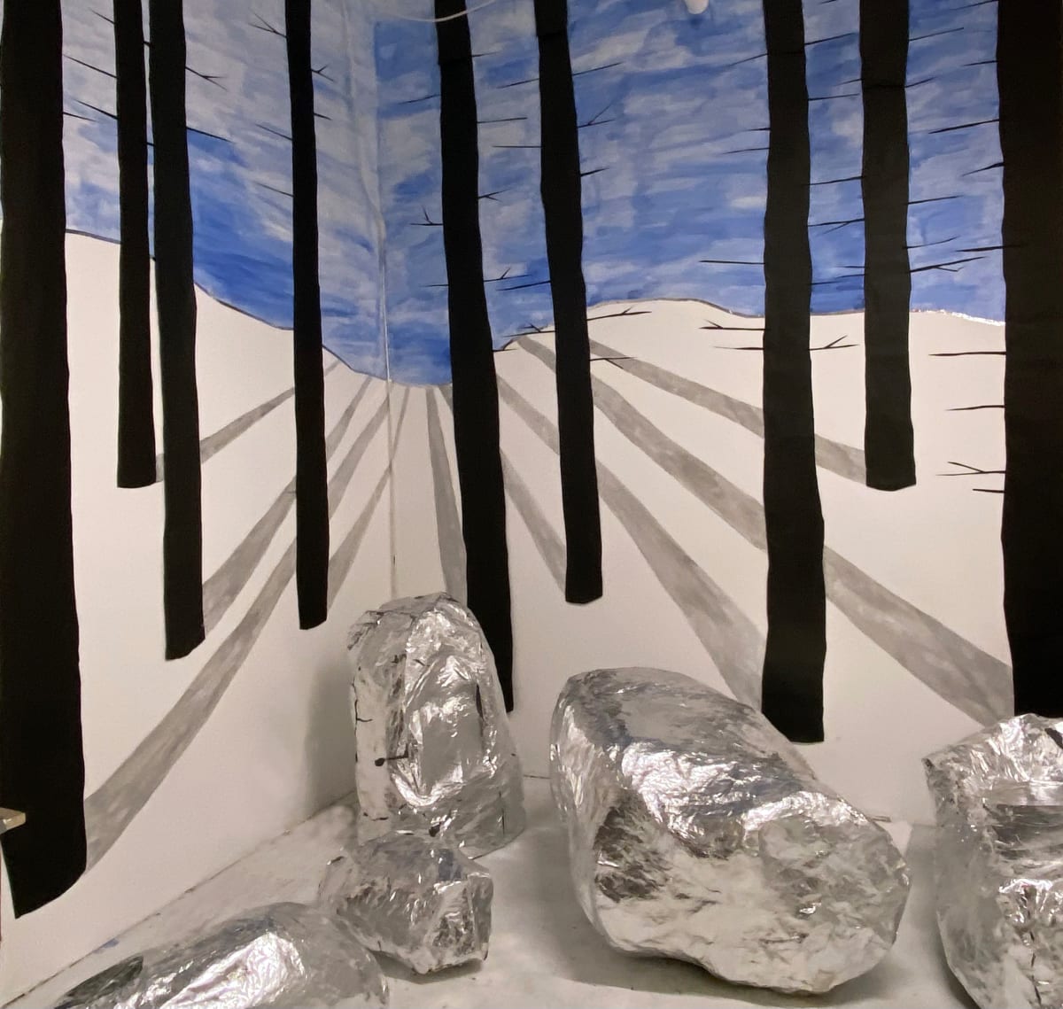 Silver Winter by Ianthe Jackson  Image: Silver Winter is an installation made with paint, paper, tape, paper mache and silver leaf. The installation is variable in dimension but this image is 8' x 9' x 11' 2022