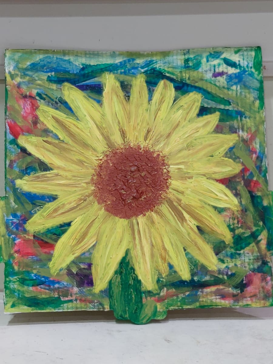 Joy in a Pizza Box by Meli and Rose  Image: Oil paint on upcycled pizza box.