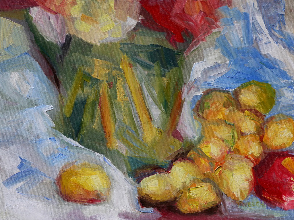 Golden Plums an Apple and a Green Vase by Terrill Welch 