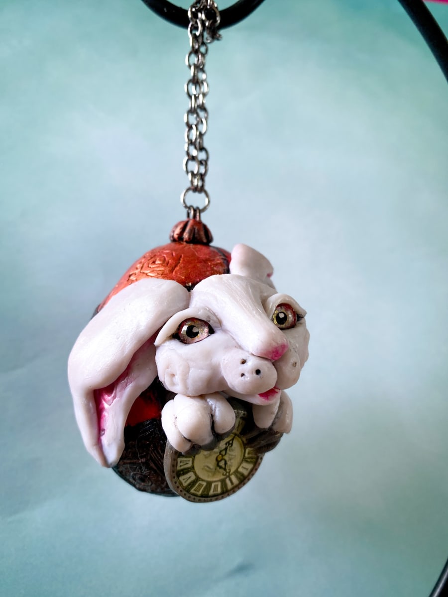 White Rabbit Ornament by Marie Young  Image: White Rabbit ornament hand-sculpted from polymer clay
