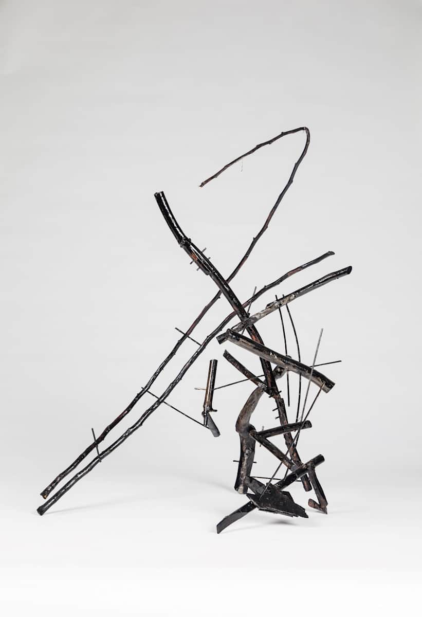 Ekorketa by Alexandra Harley  Image: Ekorketa is a constructed wood sculpture with an open structure creating a dialogue between the parts and across the sculpture. The airways play a physically demanding role. These are rigorous and brisk sculptures with surprising contradictions and a wrought, raw and poised energy.