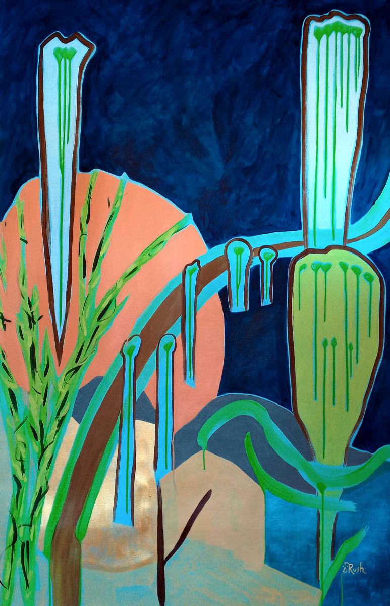 The Village Rests Under the Promise of the Harvest Moon by Mary Rush  Image: "The Village Rests Under the Promise of the Harvest Moon," Acrylic on Canvas, 60 x 37 x 0 inches