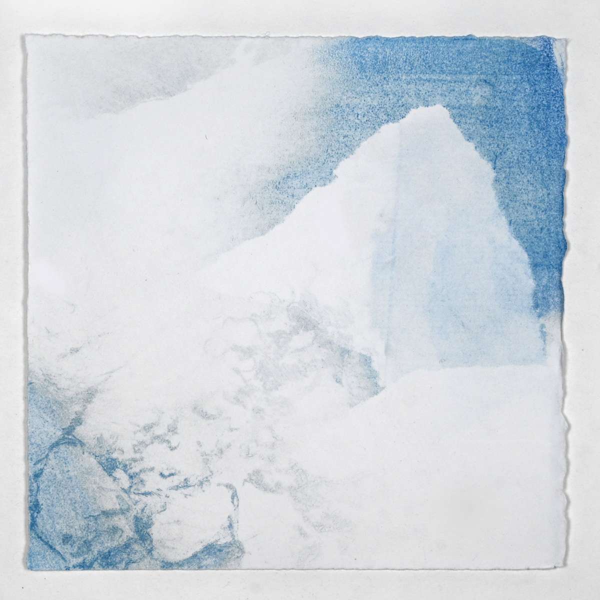 Ice Watch Studies #60 by Megan Broughton  Image: A series of experimental etchings evoking atmospheric Arctic seascapes. These pieces were made in memory of ice watches during the MaréMotrice artist residency in Greenland, sailing through foggy fjords. They function like a brilliant, shapeshifting, reveal through the fog and play with Arctic mirages and cause tricks of the eye. There are moments of clear detail and sublime wonder amidst fragmentation. Two etching plates were printed over each other multiple times in different orientations to create new and abstracted imagery. Stencils made of torn newsprint were used to block ink during the printing process, creating the white shapes throughout the works. The stencils were continually torn apart and reused throughout the series so that the stencil shapes become self-referential but are constantly transforming and deteriorating. 