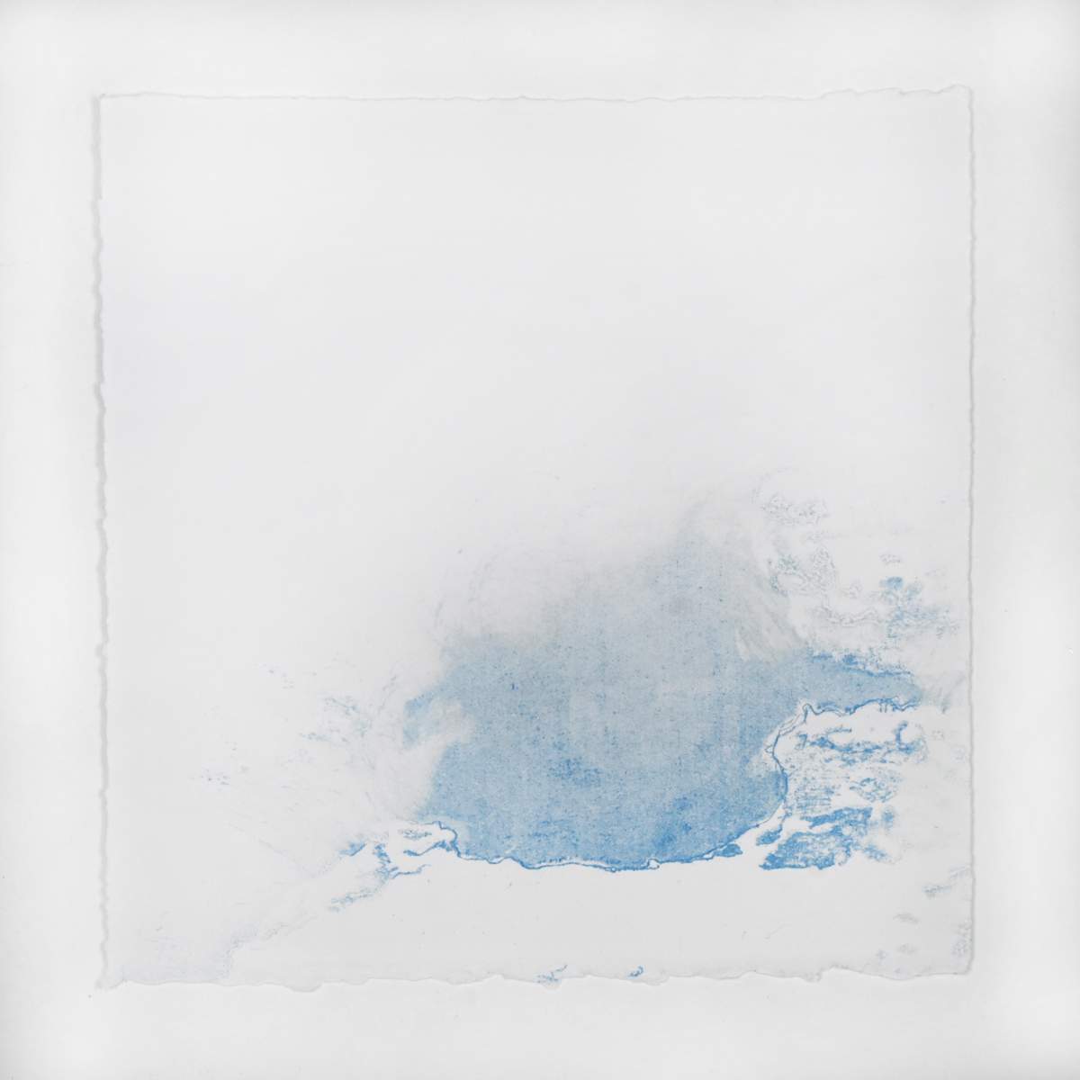 Ice Watch Studies #61 by Megan Broughton  Image: A series of experimental etchings evoking atmospheric Arctic seascapes. These pieces were made in memory of ice watches during the MaréMotrice artist residency in Greenland, sailing through foggy fjords. They function like a brilliant, shapeshifting, reveal through the fog and play with Arctic mirages and cause tricks of the eye. There are moments of clear detail and sublime wonder amidst fragmentation. Two etching plates were printed over each other multiple times in different orientations to create new and abstracted imagery. Stencils made of torn newsprint were used to block ink during the printing process, creating the white shapes throughout the works. The stencils were continually torn apart and reused throughout the series so that the stencil shapes become self-referential but are constantly transforming and deteriorating. 