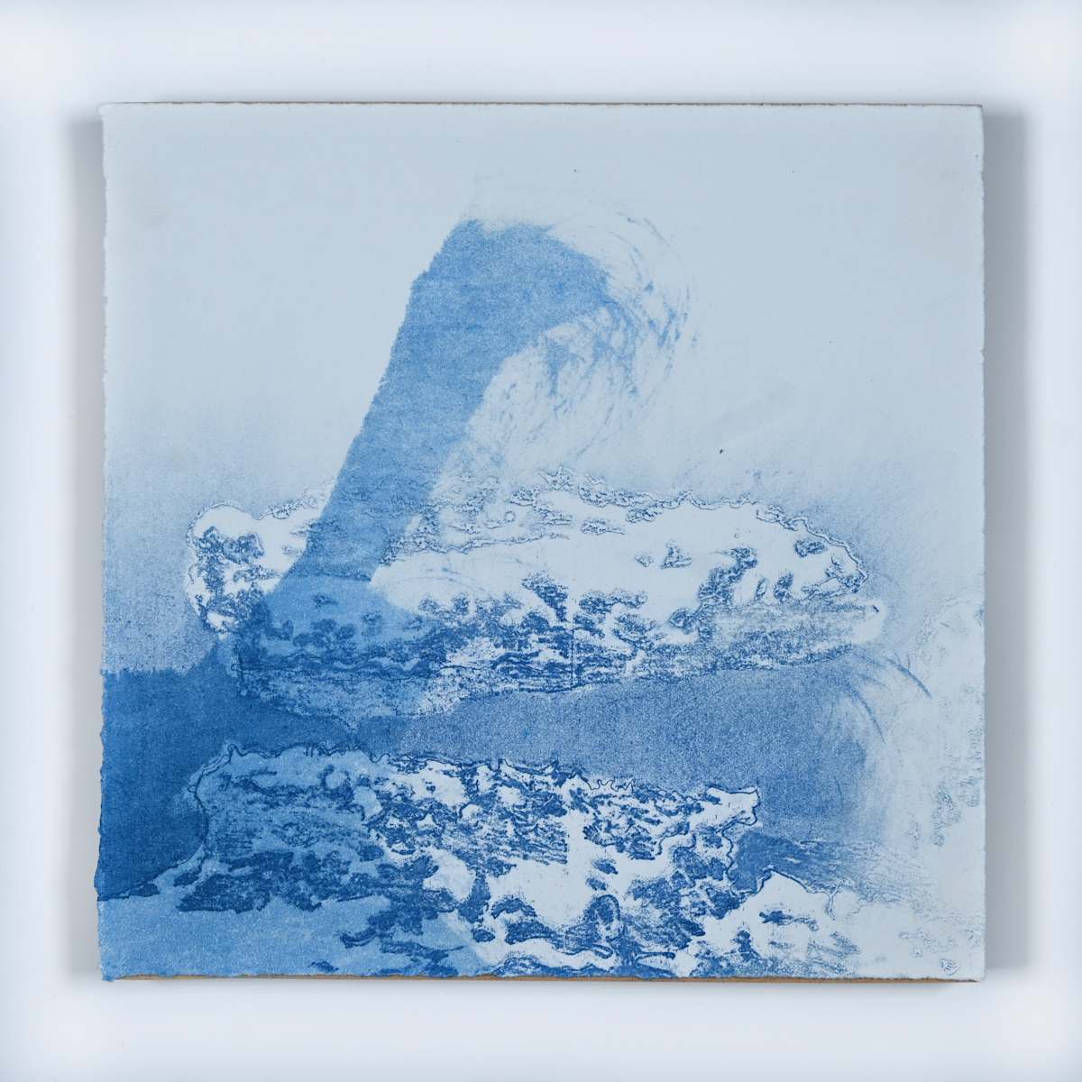 Ice Watch Studies #66 by Megan Broughton  Image: A series of experimental etchings evoking atmospheric Arctic seascapes. These pieces were made in memory of ice watches during the MaréMotrice artist residency in Greenland, sailing through foggy fjords. They function like a brilliant, shapeshifting, reveal through the fog and play with Arctic mirages and cause tricks of the eye. There are moments of clear detail and sublime wonder amidst fragmentation. Two etching plates were printed over each other multiple times in different orientations to create new and abstracted imagery. Stencils made of torn newsprint were used to block ink during the printing process, creating the white shapes throughout the works. The stencils were continually torn apart and reused throughout the series so that the stencil shapes become self-referential but are constantly transforming and deteriorating.