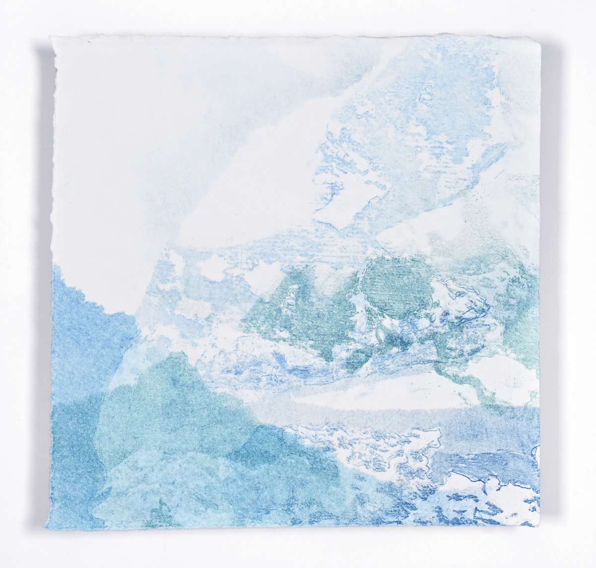 Ice Watch Studies #80 by Megan Broughton  Image: A series of experimental etchings evoking atmospheric Arctic seascapes. These pieces were made in memory of ice watches during the MaréMotrice artist residency in Greenland, sailing through foggy fjords. They function like a brilliant, shapeshifting, reveal through the fog and play with Arctic mirages and cause tricks of the eye. There are moments of clear detail and sublime wonder amidst fragmentation. Two etching plates were printed over each other multiple times in different orientations to create new and abstracted imagery. Stencils made of torn newsprint were used to block ink during the printing process, creating the white shapes throughout the works. The stencils were continually torn apart and reused throughout the series so that the stencil shapes become self-referential but are constantly transforming and deteriorating. 