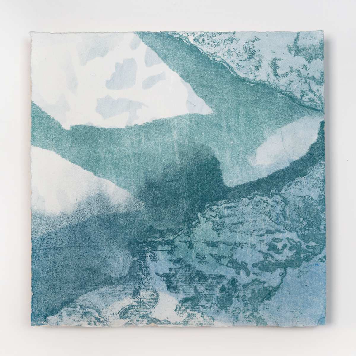 Ice Watch Studies #8 by Megan Broughton  Image: A series of experimental etchings evoking atmospheric Arctic seascapes. These pieces were made in memory of ice watches during the MaréMotrice artist residency in Greenland, sailing through foggy fjords. They function like a brilliant, shapeshifting, reveal through the fog and play with Arctic mirages and cause tricks of the eye. There are moments of clear detail and sublime wonder amidst fragmentation. Two etching plates were printed over each other multiple times in different orientations to create new and abstracted imagery. Stencils made of torn newsprint were used to block ink during the printing process, creating the white shapes throughout the works. The stencils were continually torn apart and reused throughout the series so that the stencil shapes become self-referential but are constantly transforming and deteriorating. Mounted on a cradled wooden panel.