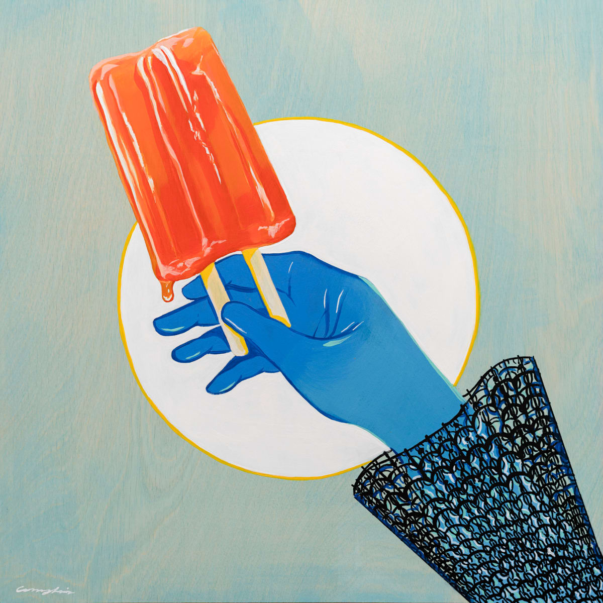 12 O'Clock Popsicle by Amy Lewis  Image: Acrylic painting of a blue gloved hand holding an orange popsicle. 