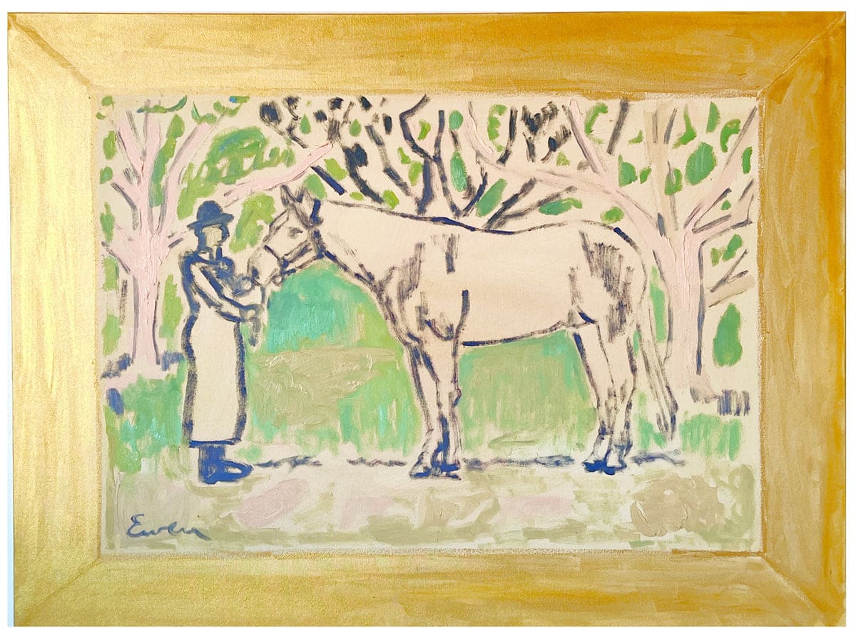 Horse Painting with Lady in Hat (Wide Gold Frame) by Anne-Louise Ewen 