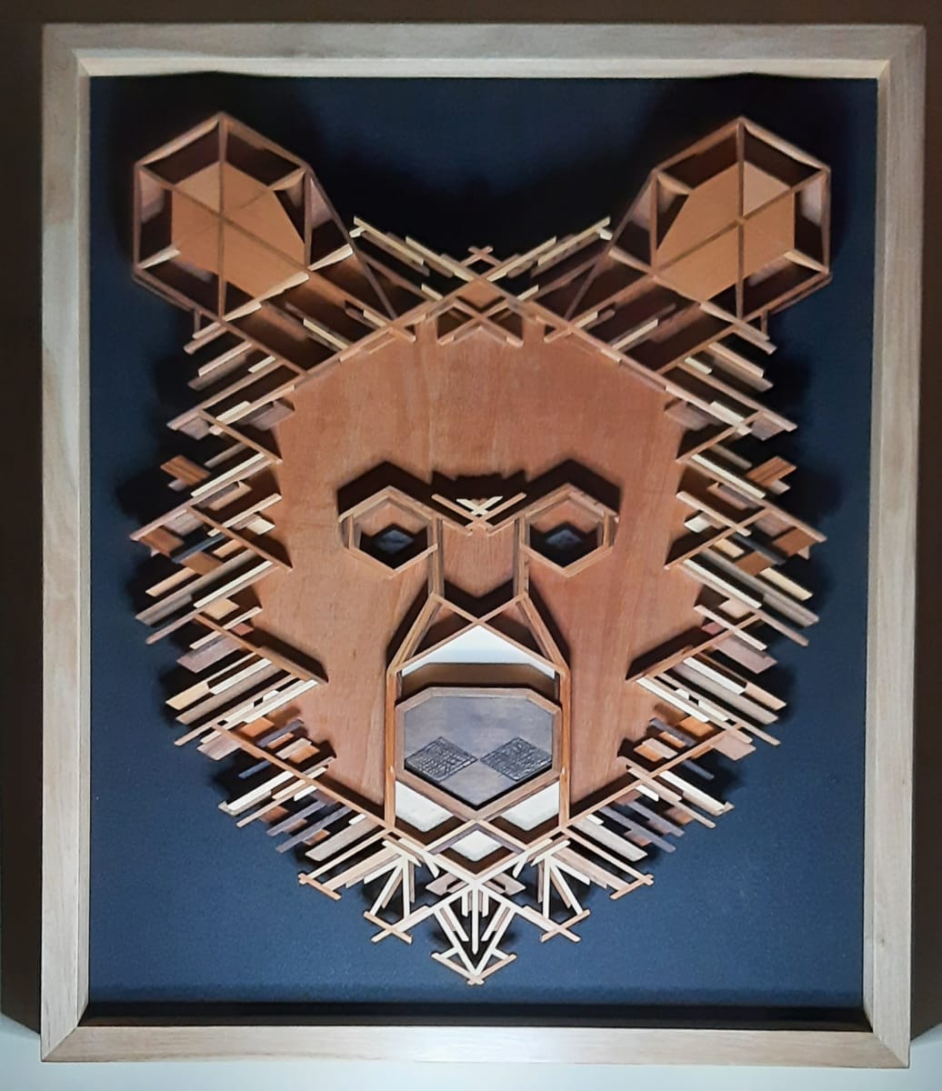 Grizz The Wiser by Robert E LeBlanc  Image: Grizz is king of the mountain. Framed in repurposed oak, with a cloth background.