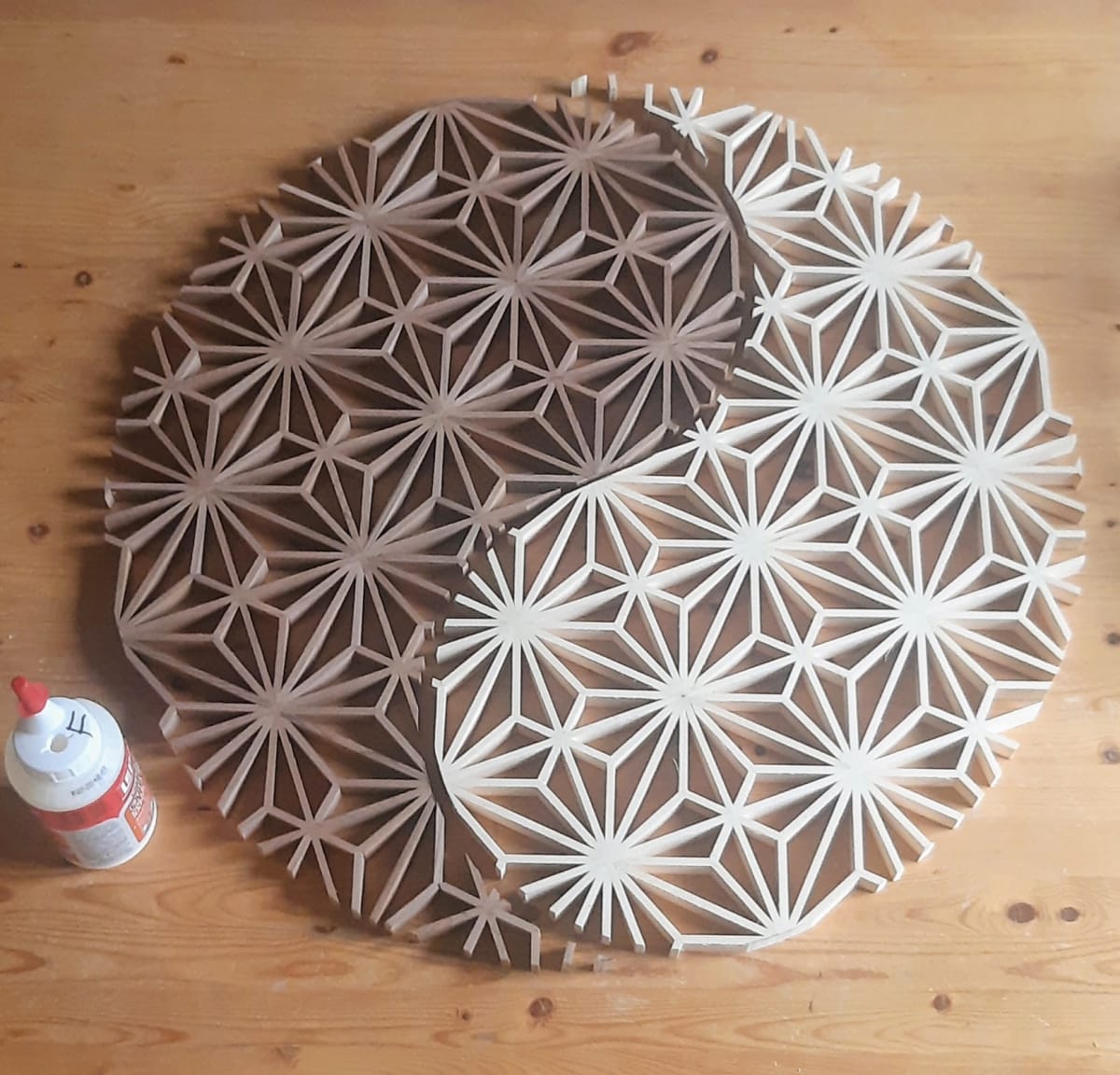 Works in progress/Experimental by Robert E LeBlanc  Image: Yin Yang Kumiko made from Red and Yellow Cedar. Looking forward to completing this one.