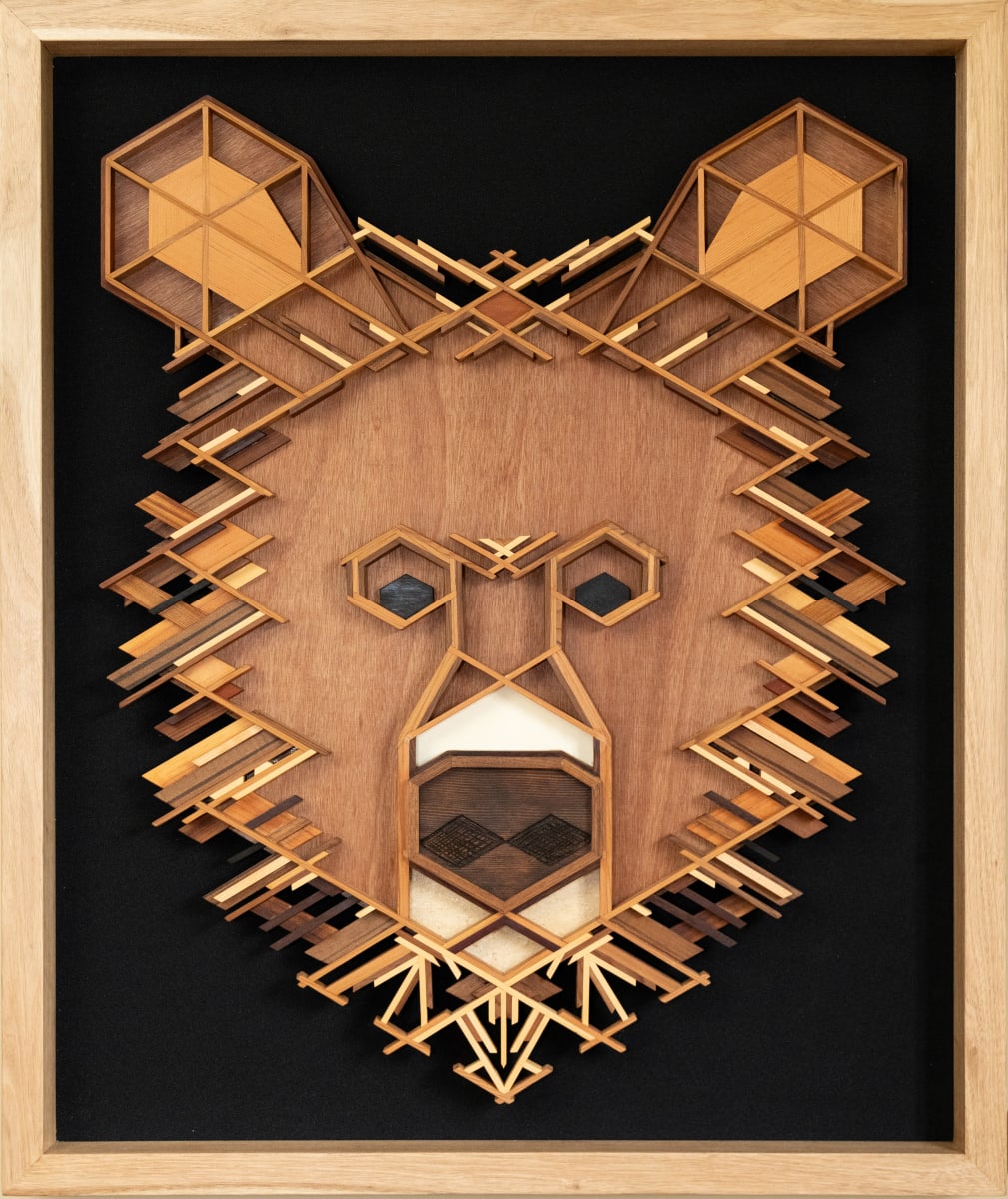 Grizz The Wiser by Robert E LeBlanc  Image: Grizz is king of the mountain. Framed in repurposed oak, with a cloth background.