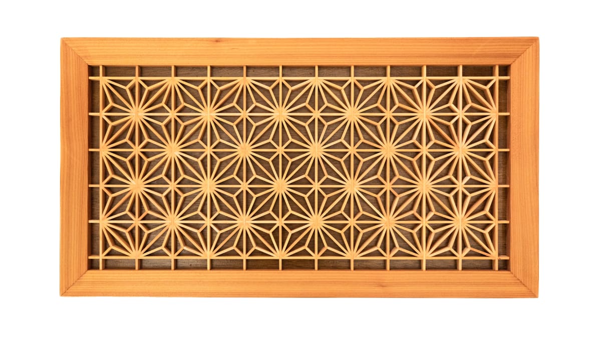 Asanoha Leaf Pattern  Image: Kumiko panel with a repeating hemp leaf design.