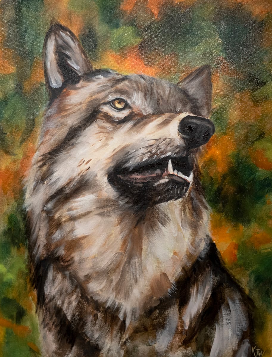 Wolf in the Fall by Kristen Wickersham  Image: Beautifully rendered wolf against a soft fall colors background. 
