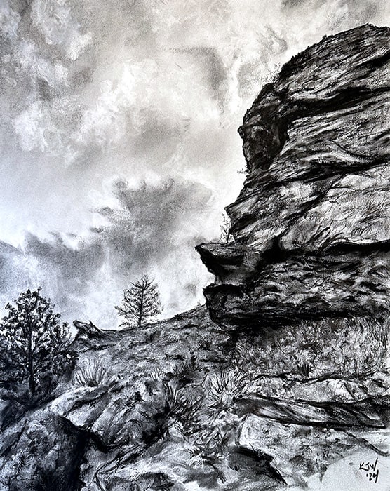 Rocky Mountain National Park at Sunset by Kristen Wickersham  Image: Charcoal Drawing on Bristol Board.