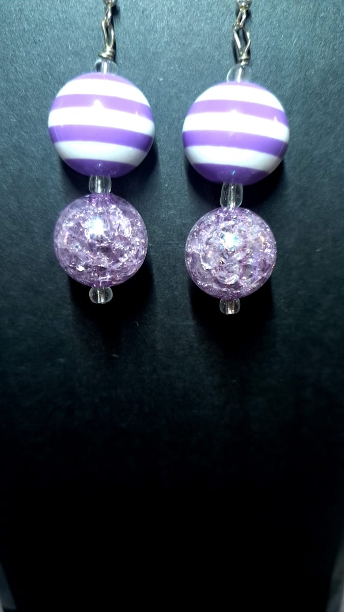 Earrings: "Go-Go" Purple and White Stripe with Lavender Crackle by Perry Art Productions "Finding The Beauty" 