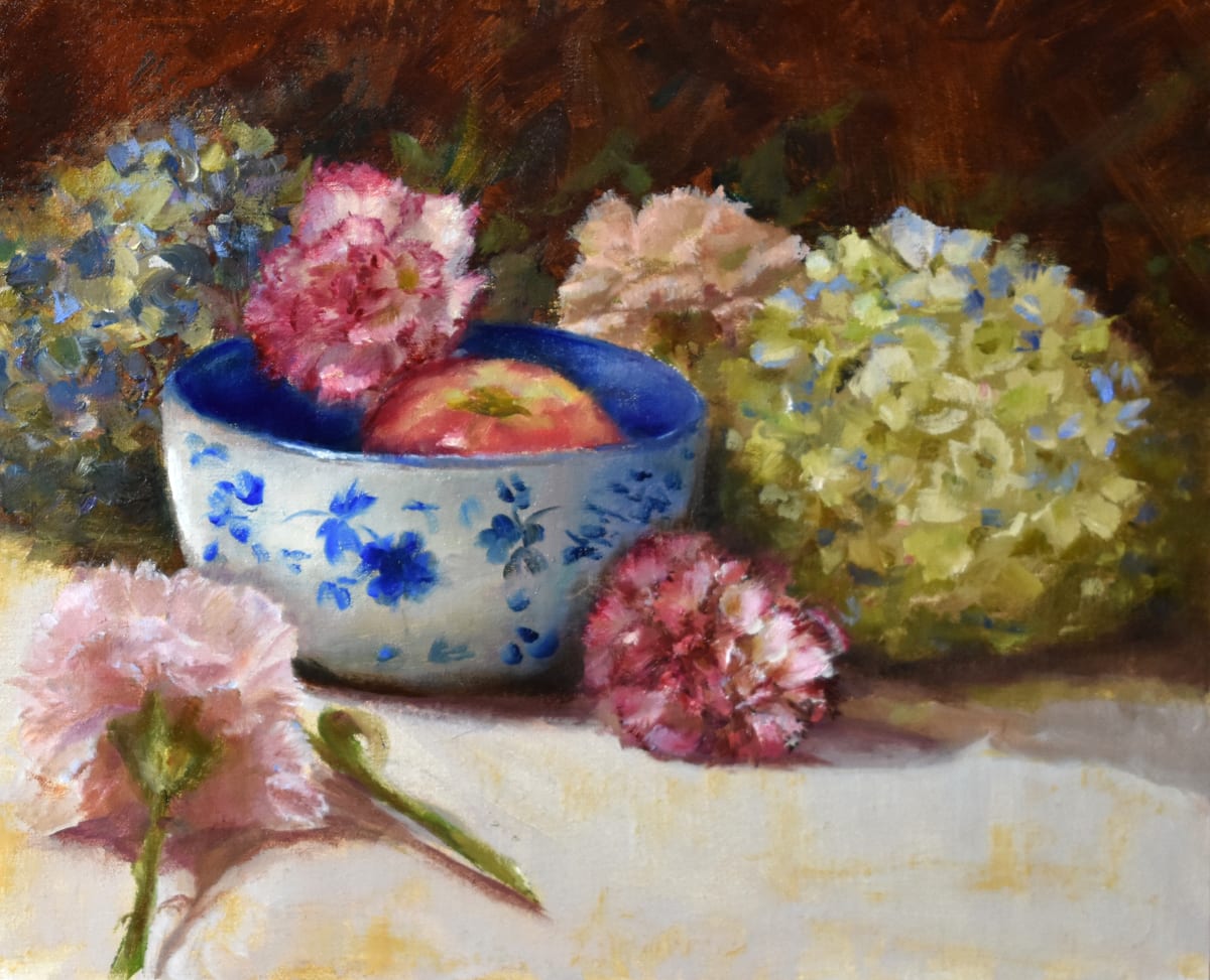 Hydrangeas, carnations, and Blue Bowl by Aida Garrity 